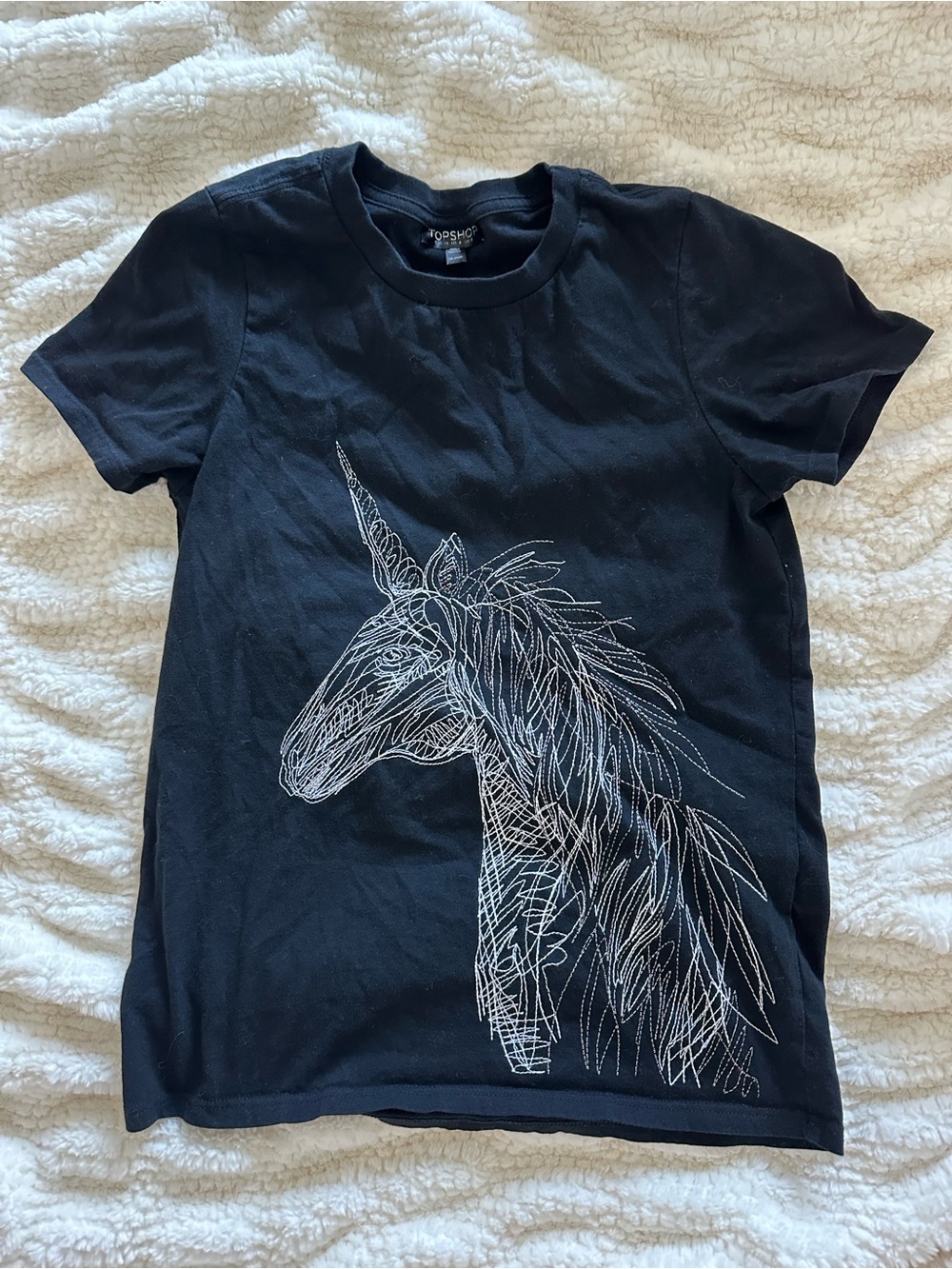 Topshop Black Crewneck Graphic Tee With Embroidered Unicorn